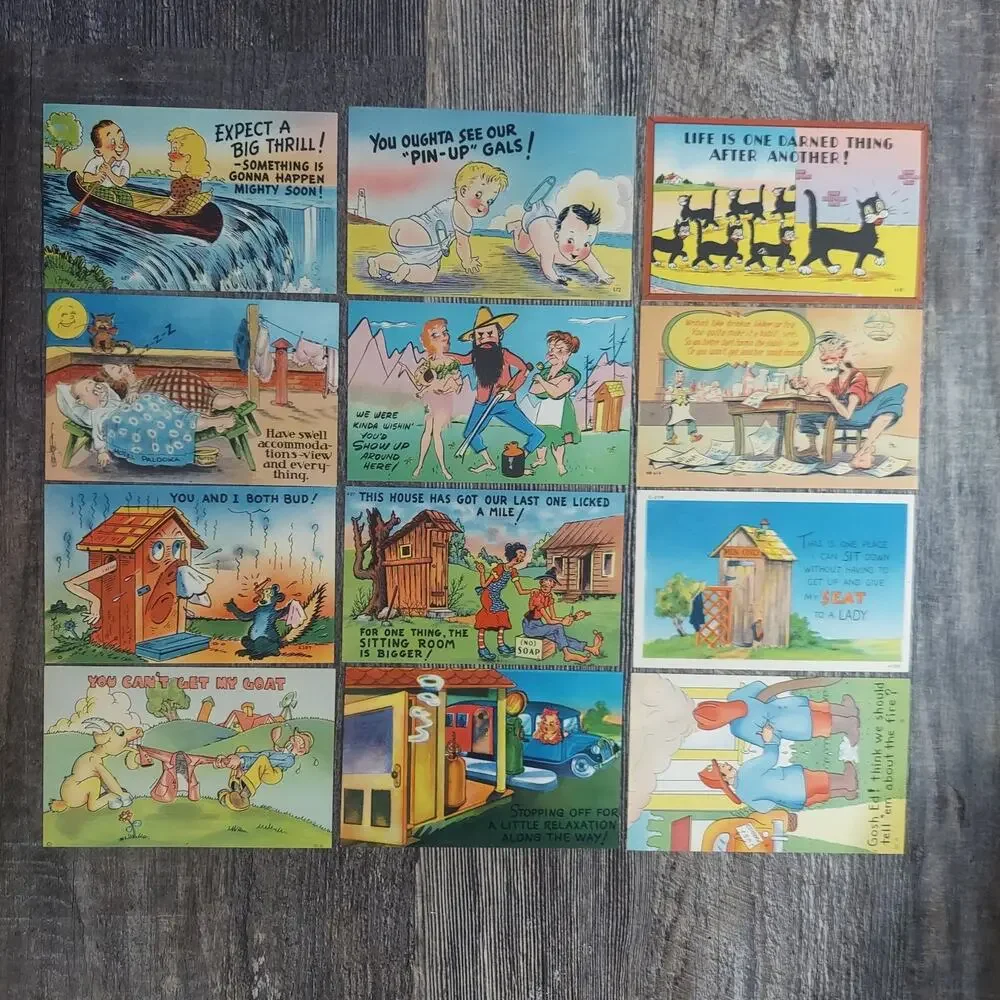 Vintage Asheville Post Card Company Outhouse Hillbilly Comic Linen Lot 12 Count